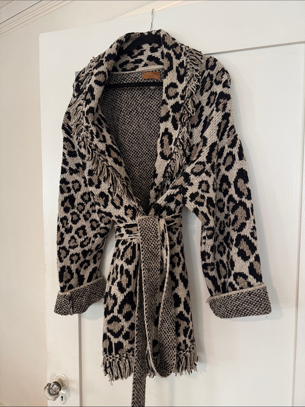 Alanui Fringed Leopard-Print Belted Cardigan Jacket - Black & Cream